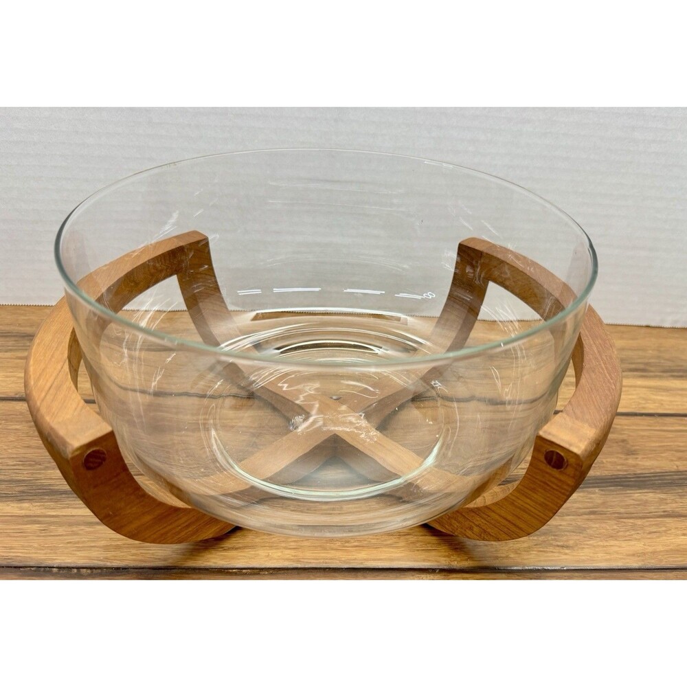 VTG Dolphin MCM Glass Bowl Teak Wood Cradle STAND Rack BASE Serving Dish